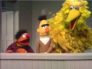 Big Bird visits Bert and Ernie at home.