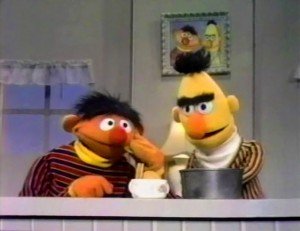 Ernie shows Bert where he put the cookies.